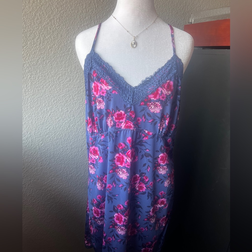 Dark Blue and Pink Floral Nightgown with V-Neck